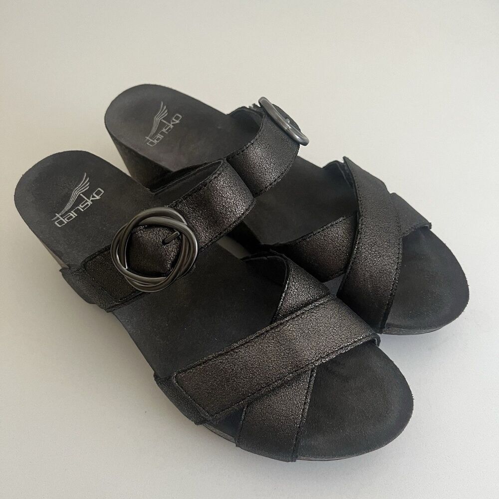 Dansko Women’s Susie Wedge Sandals Size 39 8.5/9 Leather Graphite Metallic Suede - Picture 2 of 9